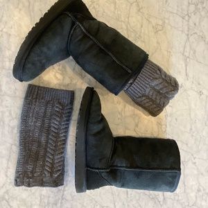 UGG Classic  Black Leather Boots w/ sweater cuff